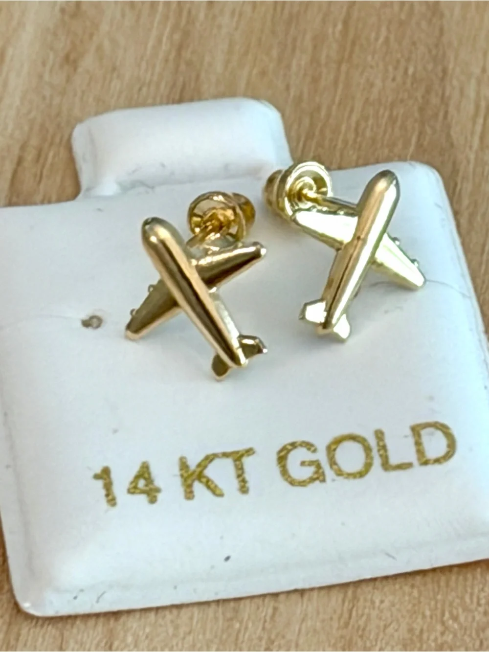 14K Solid Gold Airplane Earring With Screw Back Bell Backing Ball